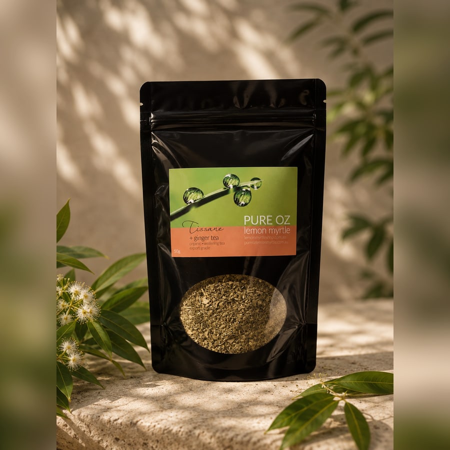 Lemon myrtle and ginger tissane tea packet